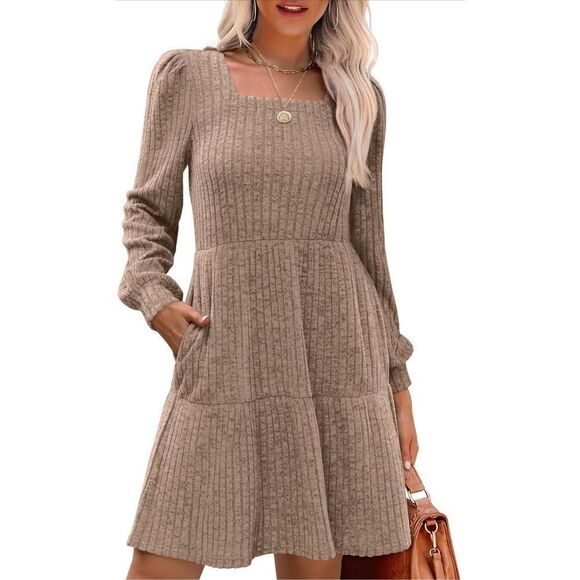 NEW Ribbed Square Neck Puff Sleeve Tie Waist Dress M - Picture 1 of 5